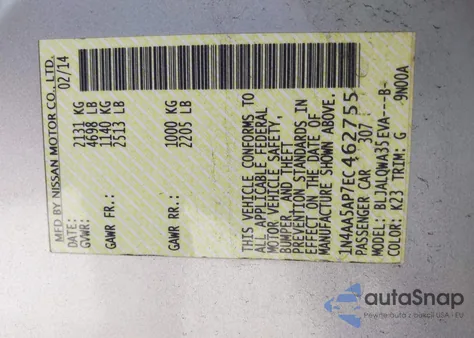 2014 Nissan Maxima 3.5 S/3.5 Sv from USA, damaged, VIN 1N4AA5AP7EC462755